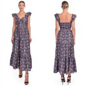 NWT CAROLINE CONSTAS Ruffle Sleeve Maxi Dress (Navy Pansy Print)